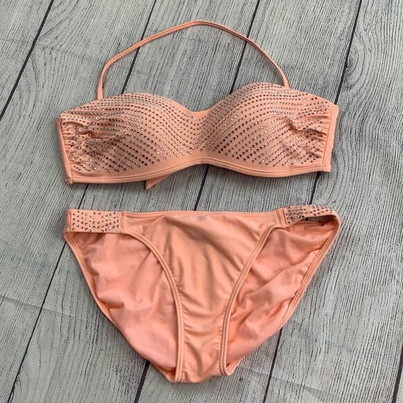 Miss Me sz Large Bikini Top & Bottom Peach Rhinestone Details - Picture 1 of 14